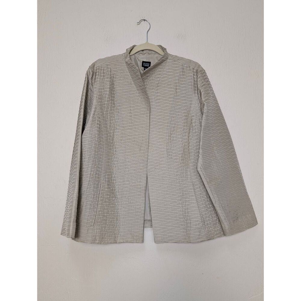 Eileen Fisher Womens 100% Silk Textured Open Front Blazer Jacket Champagne Sz XL